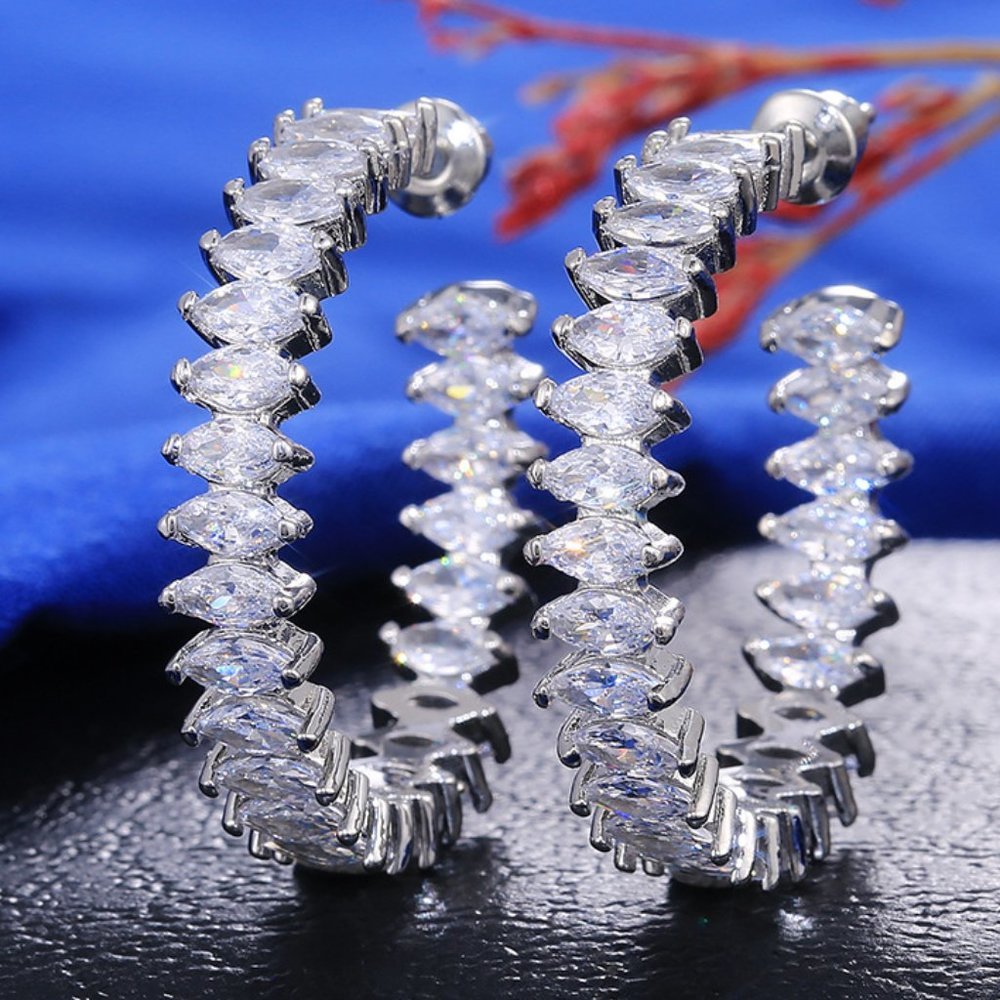 NEW Silver Marquis Diamond Inside Out Hoops - Picture 1 of 6